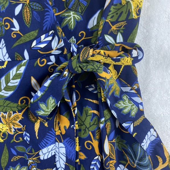 2/$30 J Crew Factory Wrap Dress 0 Navy Blue Cheetah Jungle Novelty Print Satin - Picture 11 of 13